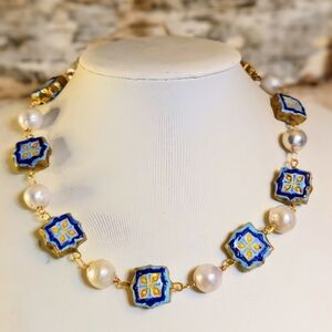 Santorini Inspired Handpainted Mosaic & White Baroque Pearls In Artisan Necklace